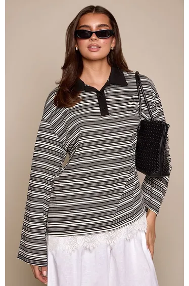 Black Stripe Lace Trim Detail Rugby Style Top