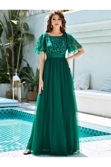 Sequin Print Maxi Evening Dresses with Cap Sleeves