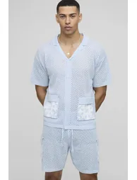 Relaxed Fit Revere Collar Crochet Square Knitted Short Polo Set - 2