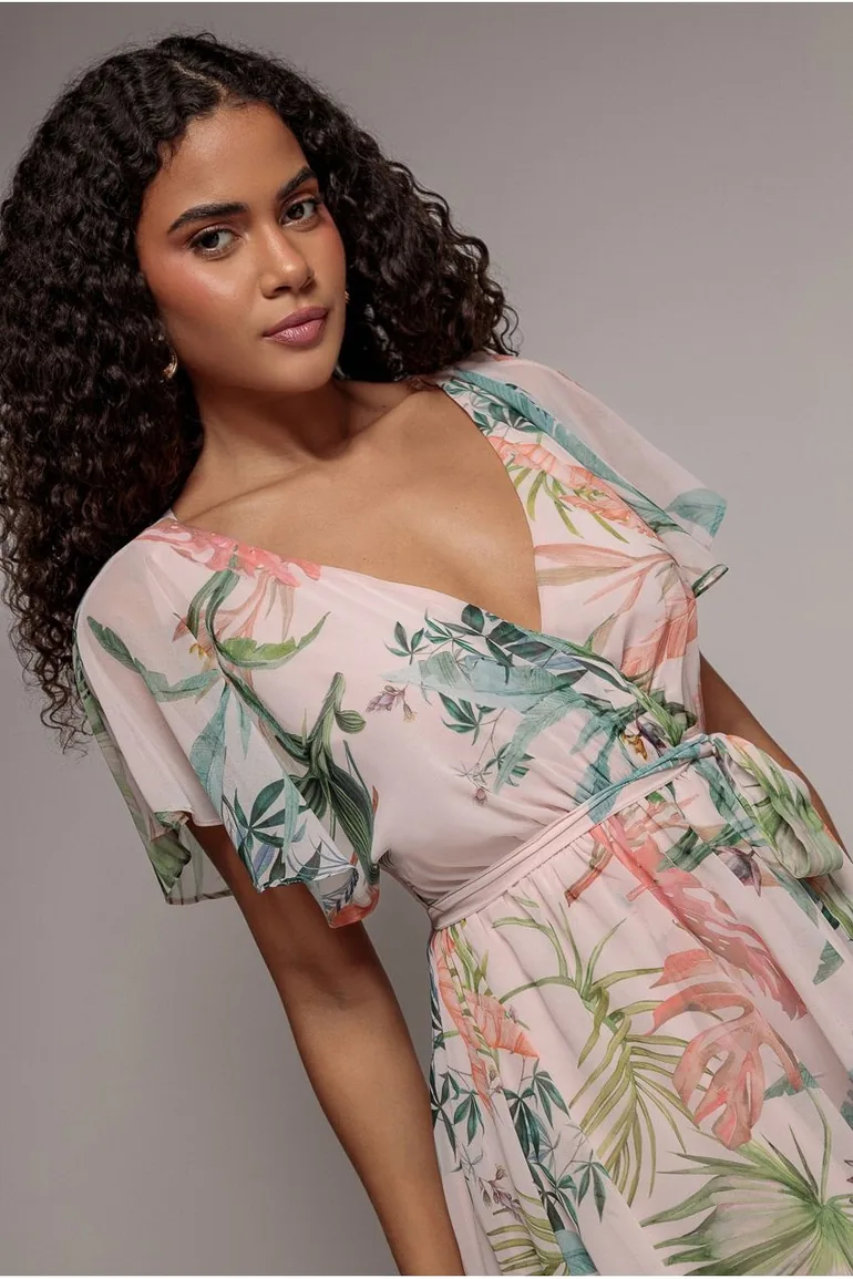 Goddiva Floral Printed Flutter Sleeve Chiffon Midi Dress - Off White - 2