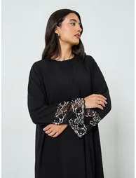 Black Embroidered Sleeve Cuff A-Line Abaya - 1
