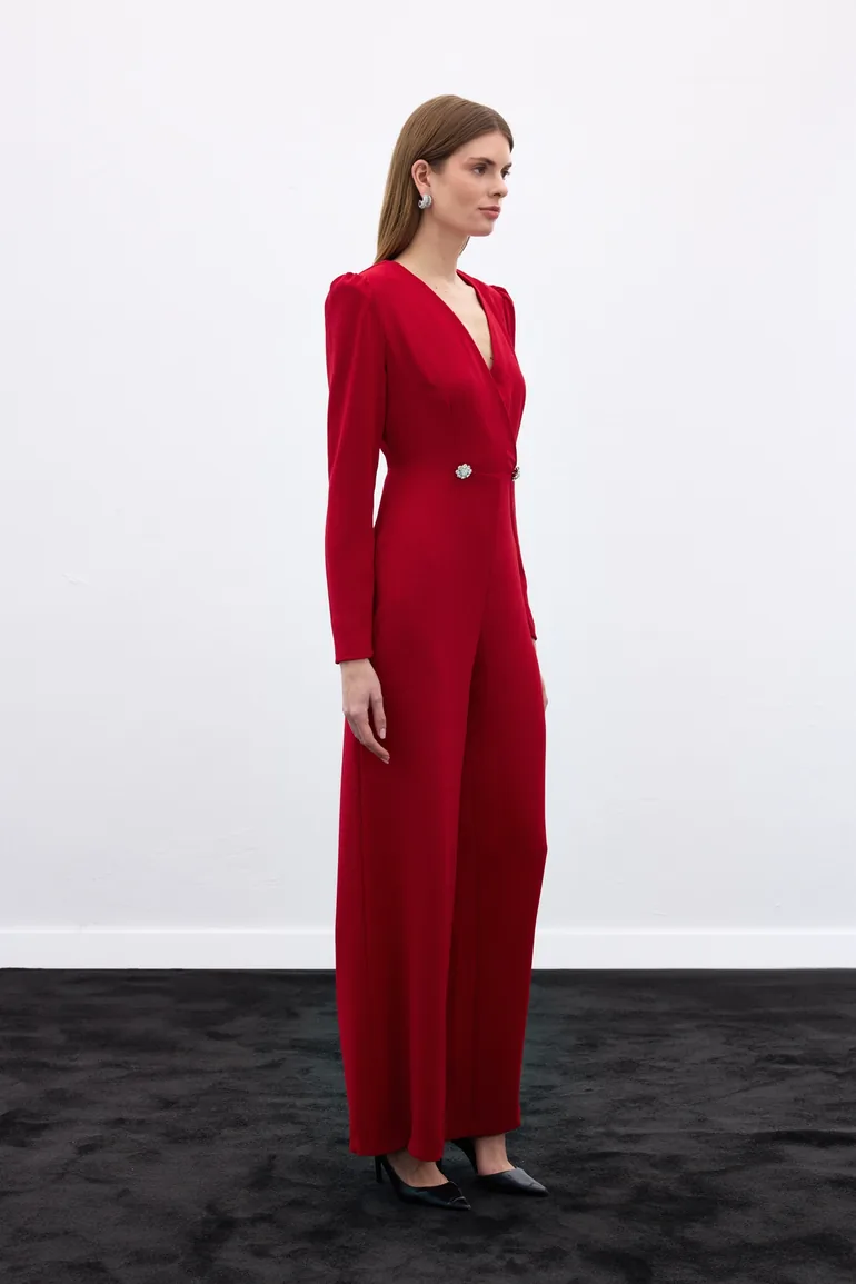 Double Breasted Ornamental Stone Crepe Jumpsuit - 2