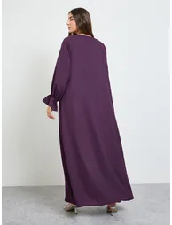 Purple Solid Frill Sleeves Front Open Abaya - 4