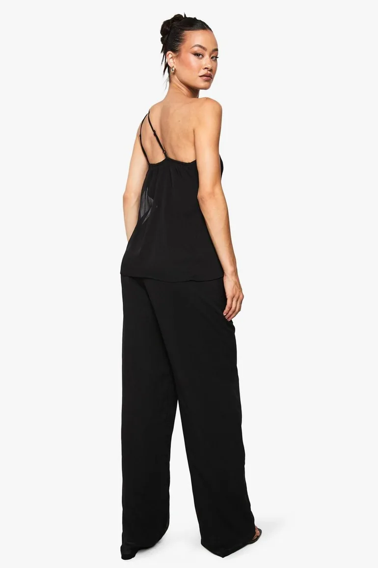 Tall Chiffon Textured Draped Wide Leg Jumpsuit - black - 1