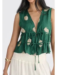 Leaf Embroidered Tie Front Waistcoat - 10