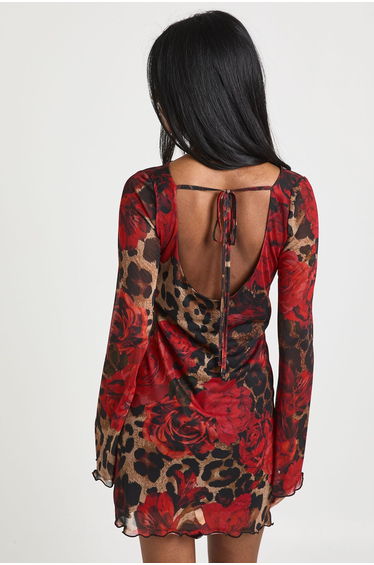 Mixed Leopard Printed Mesh Flare Sleeve Mini Dress - leopard product thumbnail 2