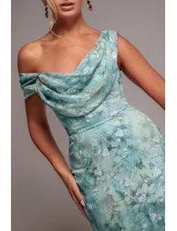 Goddiva One Shoulder Cowl Neck Chiffon Floral Maxi Dress - 2