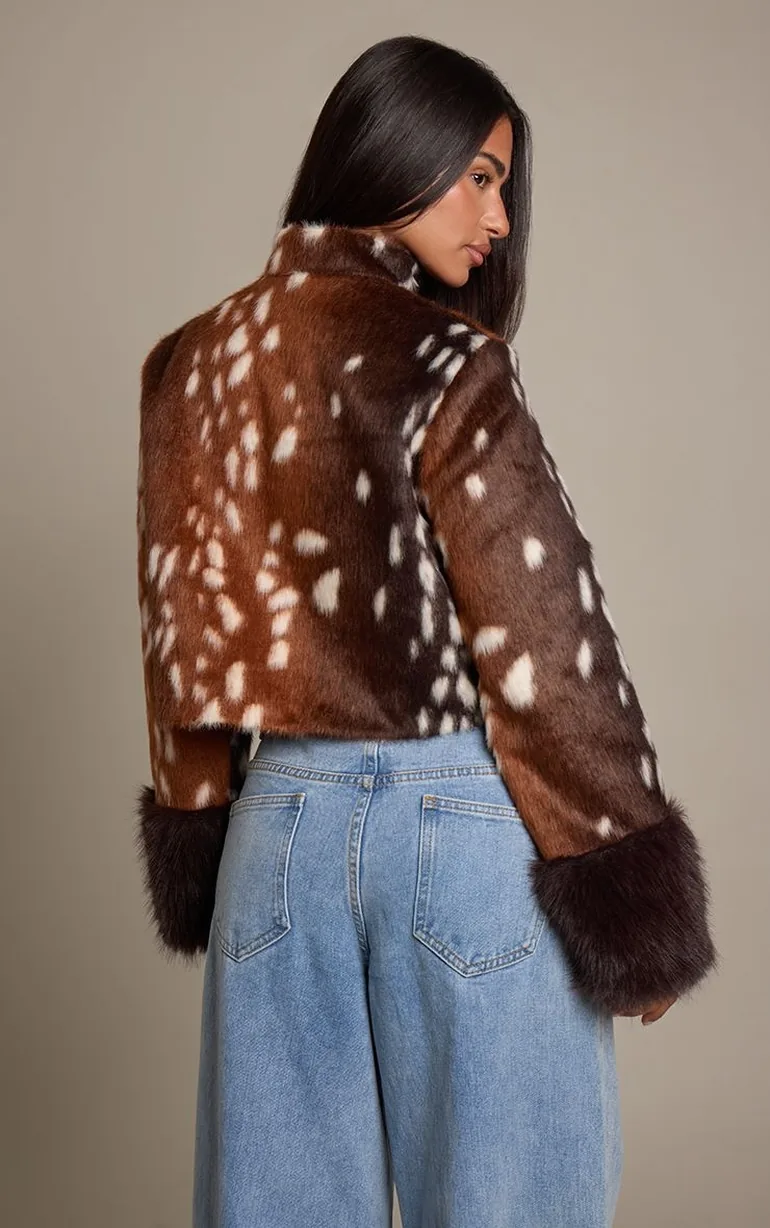Petite Brown Deer Print Faux Fur Contrast Cuff Jacket - 1