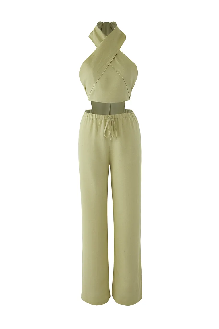 Light Khaki Linen Woven Blouse Trousers Top-Bottom Set - 4