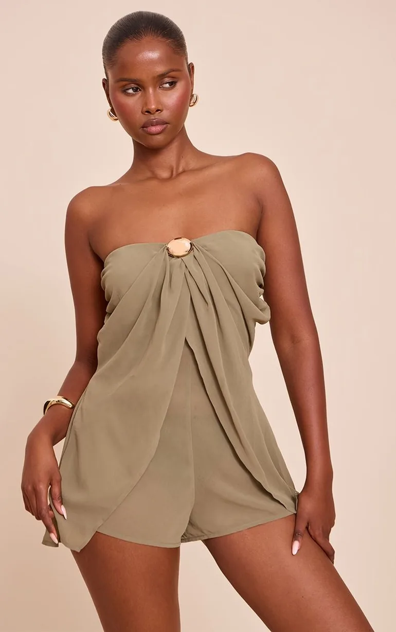 Olive Chiffon Trim Detail Bandeau Playsuit - 5