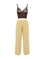 Yellow 3-Piece Dowry Set Top Lace, Bottom Satin Strap Panty Woven Pajama Set - 2