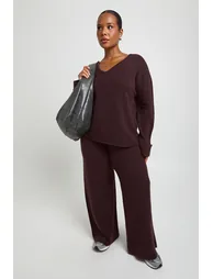 Plus V Neck Button Cuff Jumper and Wide Leg Trouser Co-Ord - chocolate