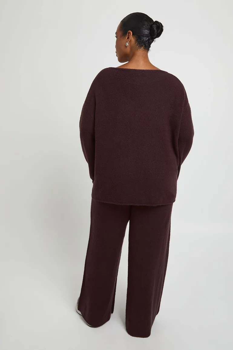 Plus V Neck Button Cuff Jumper and Wide Leg Trouser Co-Ord - chocolate - 1