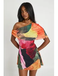 Floral Asymmetric Mesh Mini Dress - black - 1