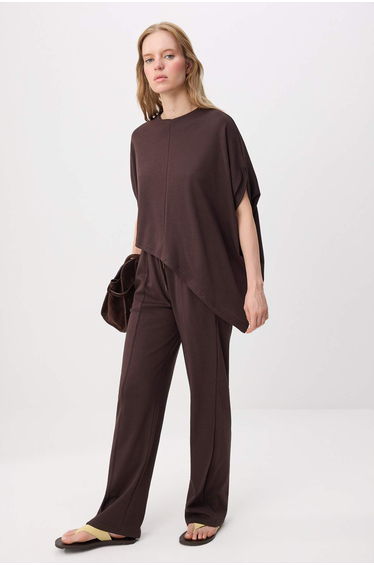 Brown Plain Relaxed/Comfortable Fit Asymmetrical Soft Touch Flexible Knitted Bottom - Top Set