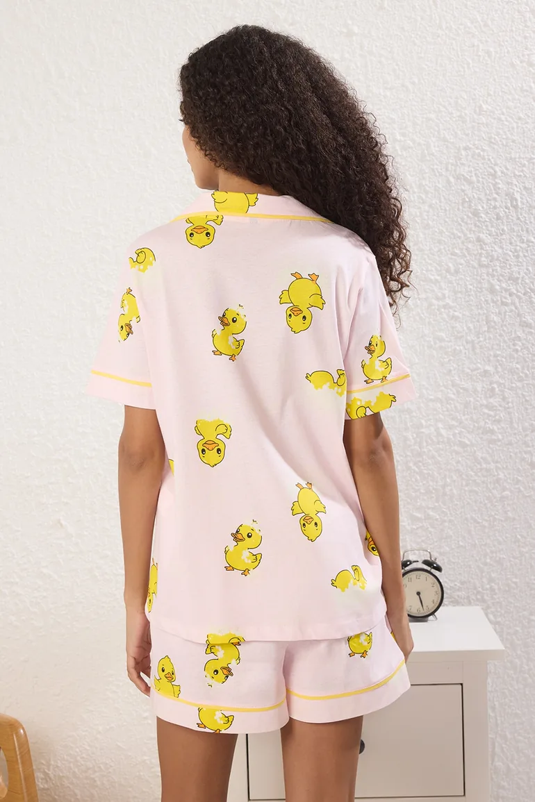 Pink 100% Cotton Duck Patterned Piping Shorts Knitted Pajama Set - 3