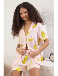 Pink 100% Cotton Duck Patterned Piping Shorts Knitted Pajama Set - 1