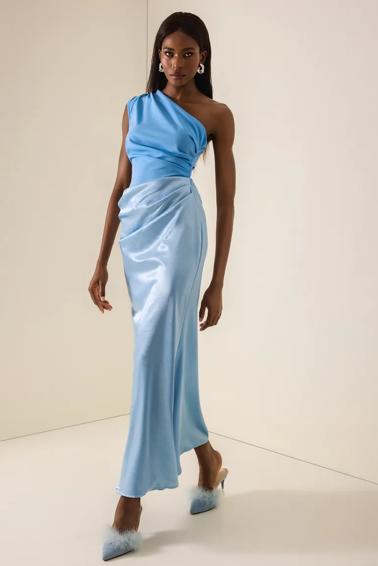 One Shoulder Pleat Maxi Dress - 5