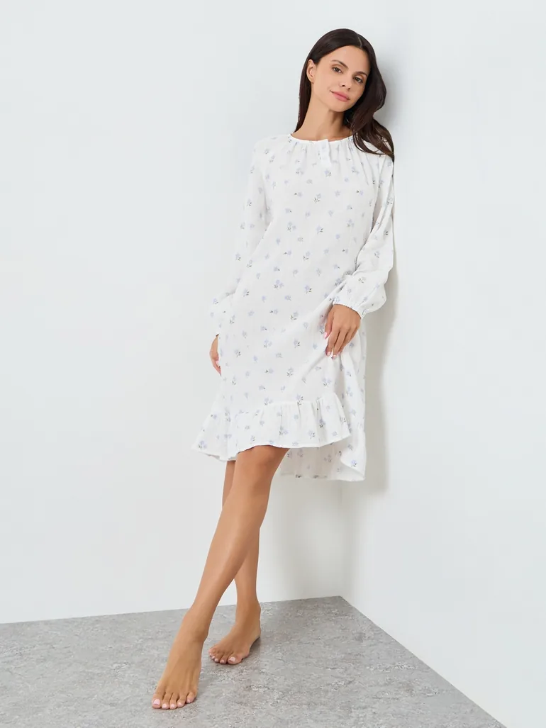 Cotton Gauze Floral Print Ruffle Edge Nightdress