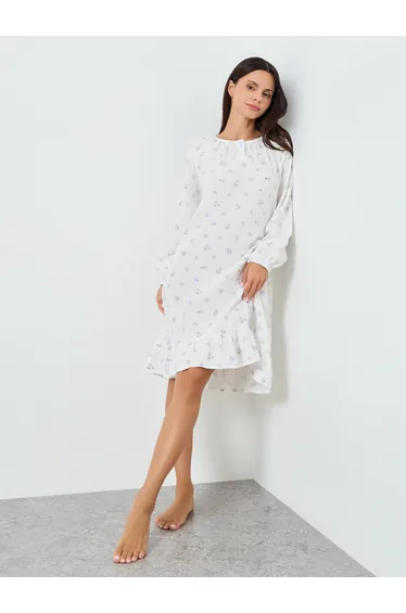 Cotton Gauze Floral Print Ruffle Edge Nightdress