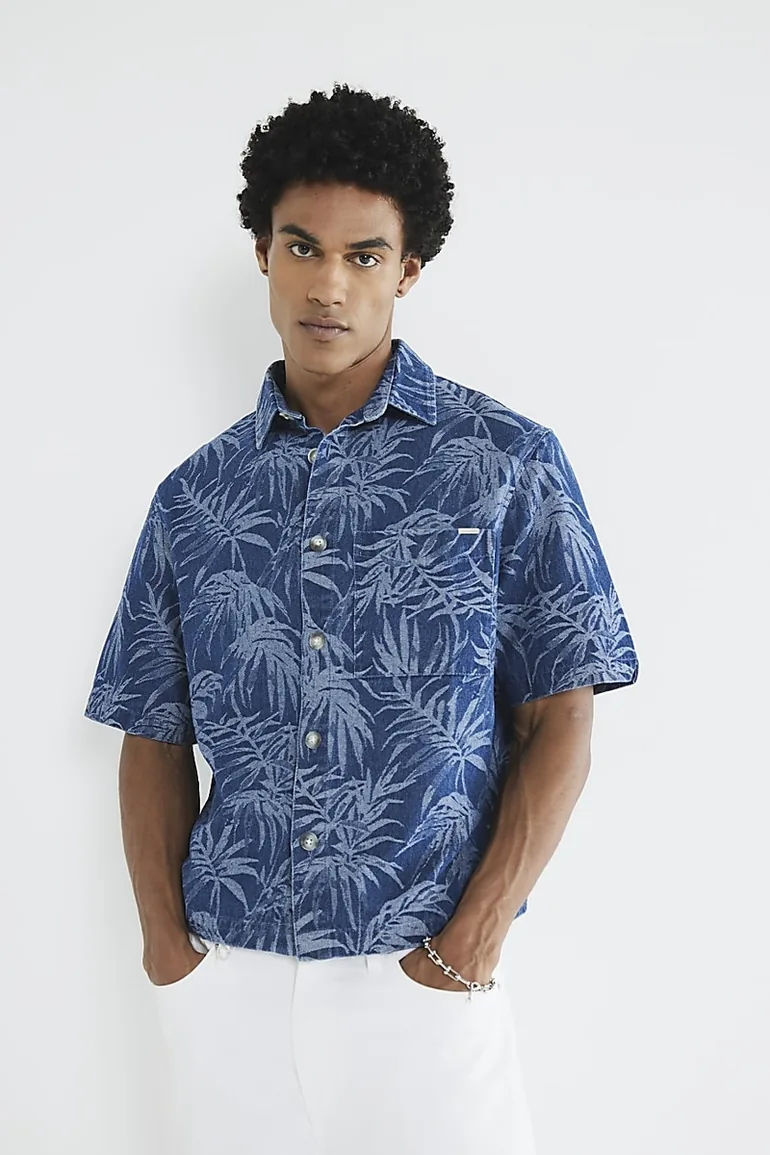 Blue Denim Boxy Fit Palm Print Shirt