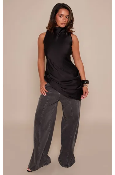 Black Satin Tie Back Detail Asymmetric Longline Top