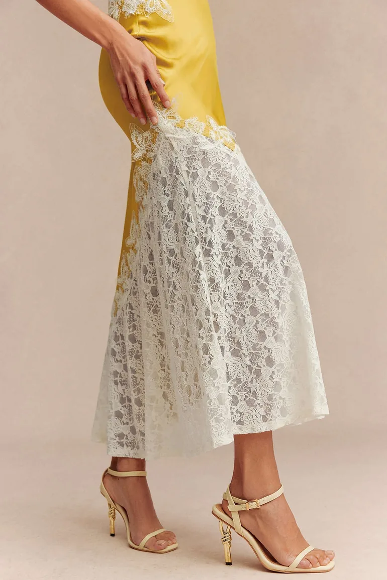 Lace Trim Patchwork Satin Asymmetrical Sleeveless Maxi Dress - 2