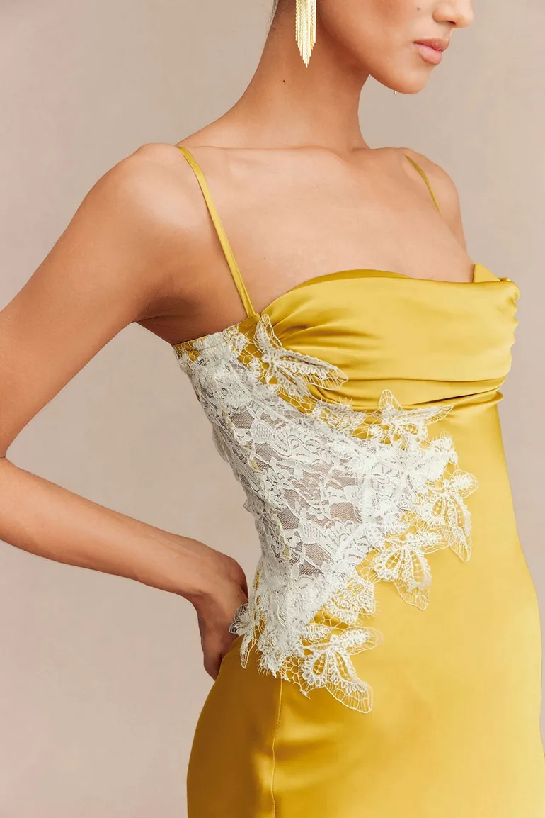 Lace Trim Patchwork Satin Asymmetrical Sleeveless Maxi Dress - 1