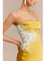 Lace Trim Patchwork Satin Asymmetrical Sleeveless Maxi Dress - 1
