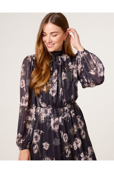 High Neck Floral Puffball Pleated Midi Dress product thumbnail 2