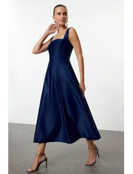 Navy Blue A-Line Satin Woven Dress - 1