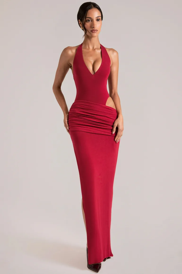 Deep Plunge Halterneck Maxi Dress in Cherry Red - 7