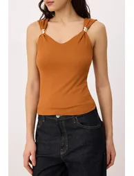 Tile Fitted/V-Neck Soft Knitted Blouse with Accessory Detail - 2