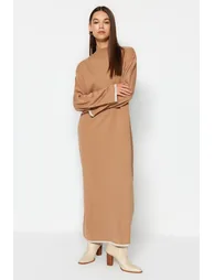 Beige Column Maxi Dress with Long Sleeves - 6