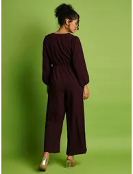 Solid V-Neck Balloon Sleeves Wide Leg Jumpsuit - 2