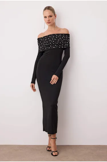 Black Stone Print Detailed Knitted Unlined Dress