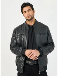 Leather Look Front Zip Detail Biker Jacket - 2