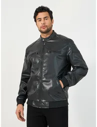 Leather Look Front Zip Detail Biker Jacket - 1