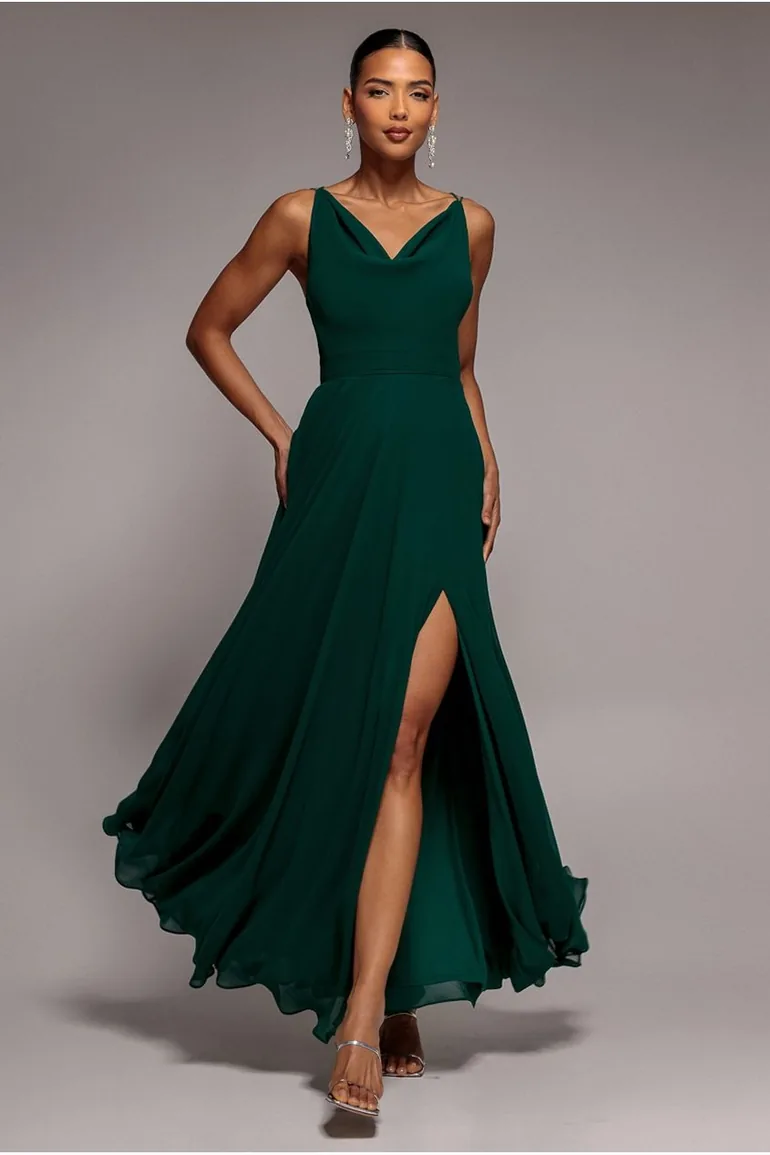 Chiffon Cowl Twisted Rope Strap Lace-up Flared Maxi Dress - Emerald Green by Goddiva