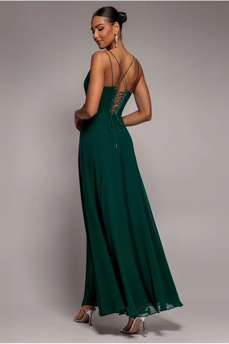 Chiffon Cowl Twisted Rope Strap Lace-up Flared Maxi Dress - Emerald Green by Goddiva - 1