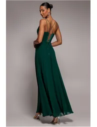Chiffon Cowl Twisted Rope Strap Lace-up Flared Maxi Dress - Emerald Green by Goddiva - 1