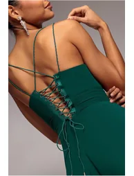 Chiffon Cowl Twisted Rope Strap Lace-up Flared Maxi Dress - Emerald Green by Goddiva - 3