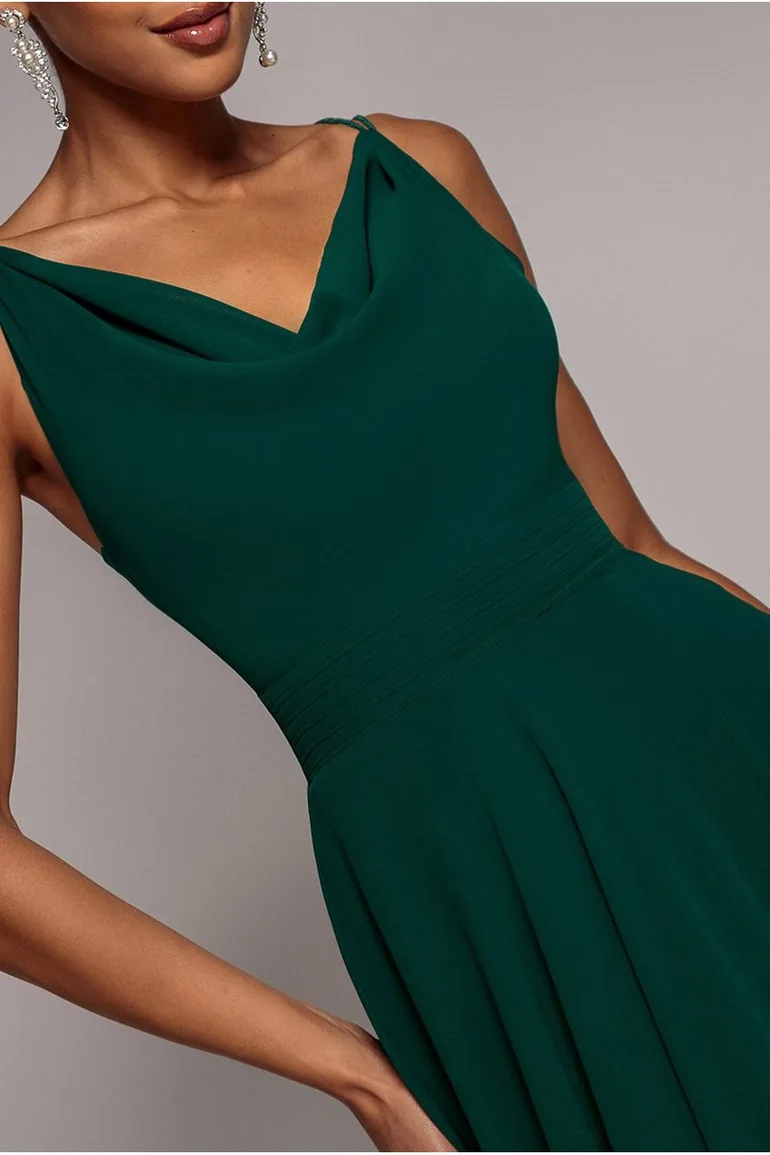 Chiffon Cowl Twisted Rope Strap Lace-up Flared Maxi Dress - Emerald Green by Goddiva - 2