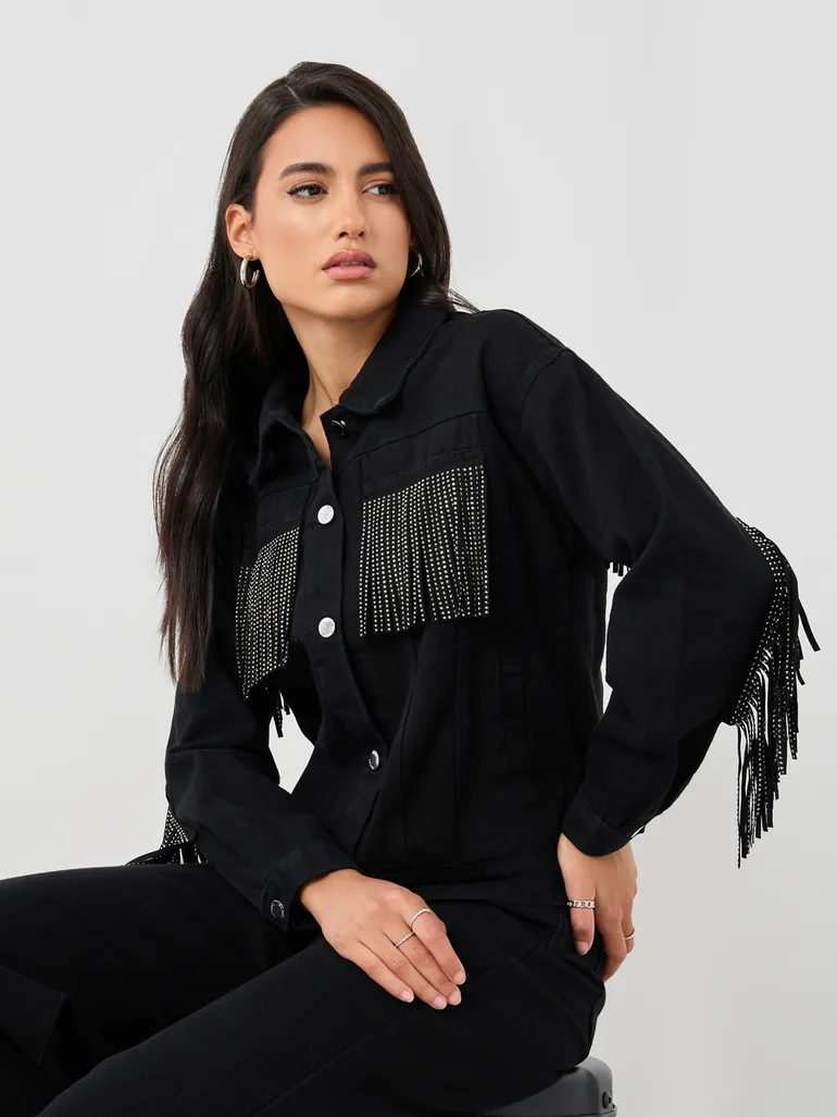 Regular Fit Buttoned Denim Jacket with Frings Detail - 2