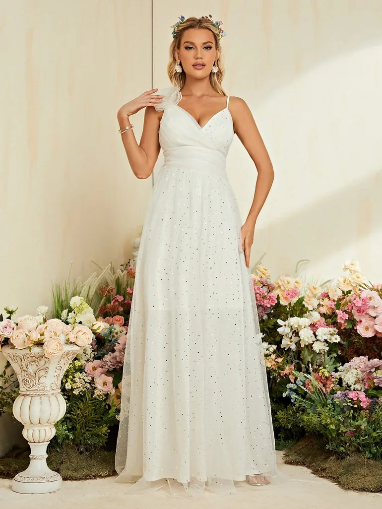 Leely White Spaghetti Strap Tulle A-Line Wedding Dress with Sparkle Dots - 3