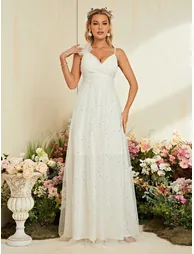 Leely White Spaghetti Strap Tulle A-Line Wedding Dress with Sparkle Dots - 3