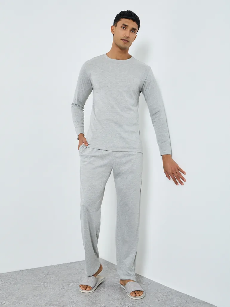 Men Grey Long Sleeve T-Shirt and Pyjama Set