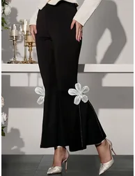 Black Bell-Bottom Trousers with Floral Applique - 4