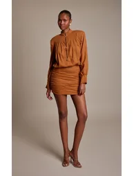 Rust Mandarin Style Frog Clasp Woven Long Sleeve Shoulder Pad Ruched Mini Dress