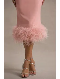 Titania | Pink Twist-Neck Feather Hem Midi Dress - 5